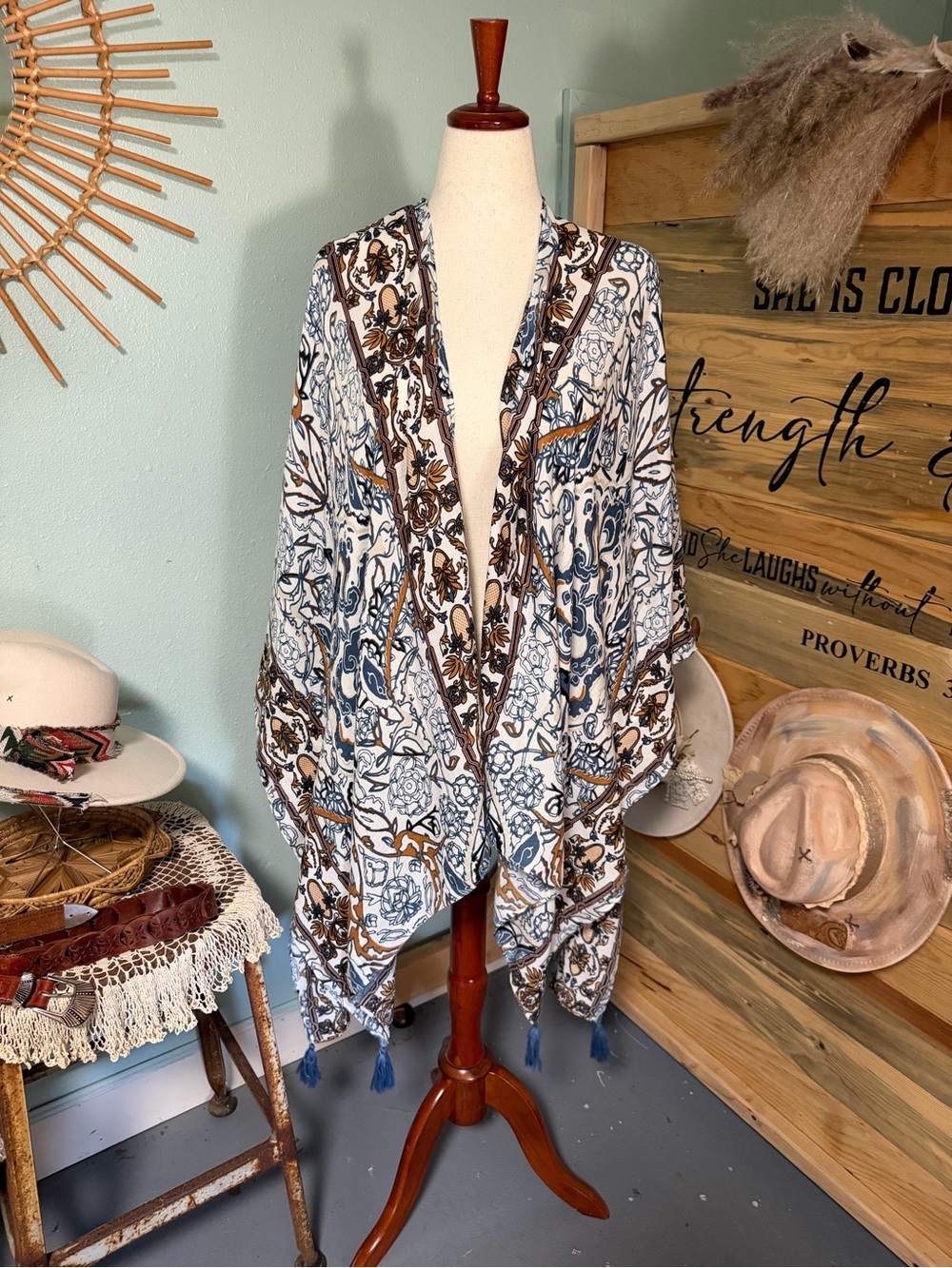 Boho Floral Kimono Wrap - Blue & Brown
